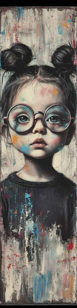 A stylized portrait of a young girl with dark hair in topknots, wearing round glasses.  Her face is subtly painted with splashes of color, suggesting artistic expression or playfulness. She wears a dark, textured sweater, and the background is a blend of muted tones and abstract paint strokes, creating a mood of pensive contemplation. The overall style is expressive and slightly melancholic.