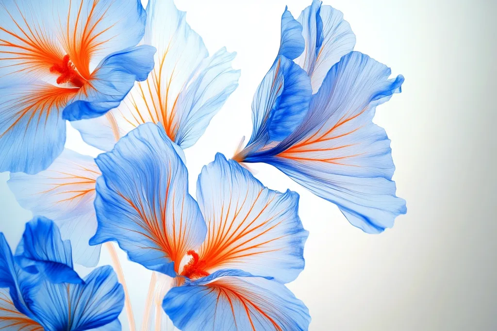 Delicate, translucent blue flowers with vibrant orange veins dominate the image.  The petals are intricately detailed, appearing almost ethereal against a soft, light background.  The flowers are clustered together, creating a sense of airy elegance and natural beauty. The overall effect is one of lightness and grace.