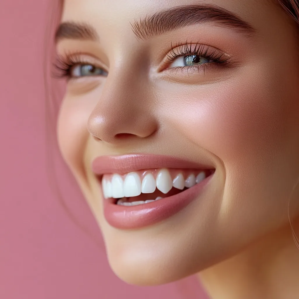 Close-up of a young woman's face, showcasing a radiant smile with bright, white teeth.  Her makeup is subtle and natural, highlighting her glowing skin and well-defined eyebrows.  The pink background accentuates her healthy complexion and cheerful expression. The image emphasizes beauty and healthy dental care.