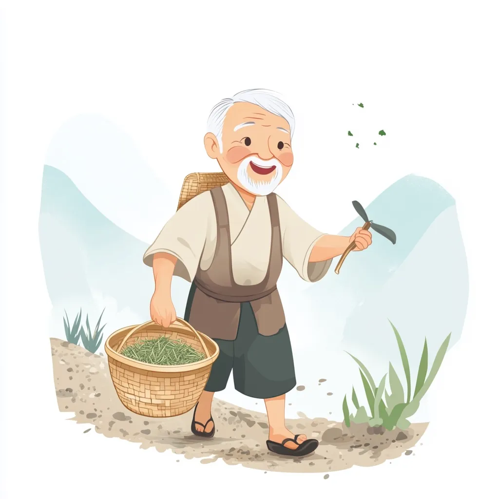 A cheerful elderly Asian man, with a white beard and hair, happily carries a woven basket filled with harvested green tea leaves.  He wears traditional clothing and carries a small tool.  A backpack rests on his shoulders as he walks along a path amidst a serene, mountainous landscape. The illustration evokes a sense of peace and tranquility.