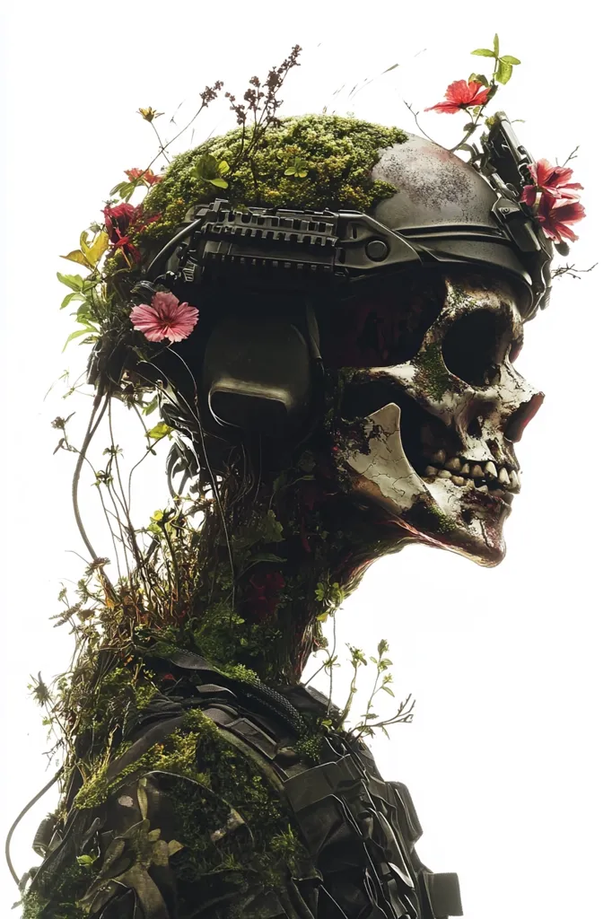 A skull, seemingly a soldier's, is overgrown with moss, vines, and wildflowers.  The skull wears a tactical helmet, partially obscured by the vegetation. The image is a striking juxtaposition of death and nature, creating a surreal and poignant effect. The soldier's body is also covered in foliage, blending seamlessly with the natural elements.  The overall tone suggests themes of decay, rebirth, or the passage of time.