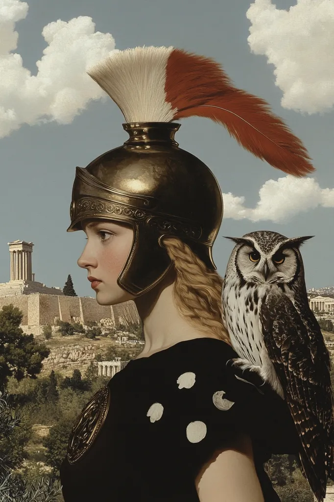 A young woman, possibly a warrior, is depicted in profile, wearing a gleaming gold helmet adorned with a red and white plume.  An owl perches on her shoulder. The background features a classical landscape, suggesting ancient Greece, with ruins visible in the distance under a cloudy sky. The painting's style is reminiscent of classical portraiture, with a focus on detail and realism.