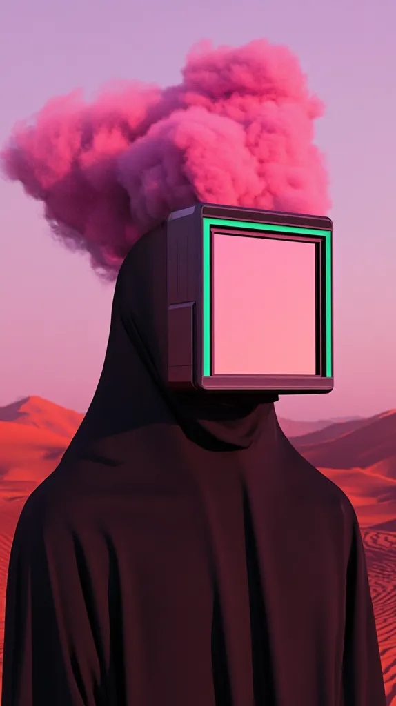 A figure cloaked in dark fabric stands in a desert landscape under a dusky sky.  A retro-styled box with a blank screen, framed in neon green, covers their face.  A vibrant pink cloud of smoke emanates from above the box, creating a surreal and enigmatic scene. The overall mood is one of mystery and futuristic fantasy.