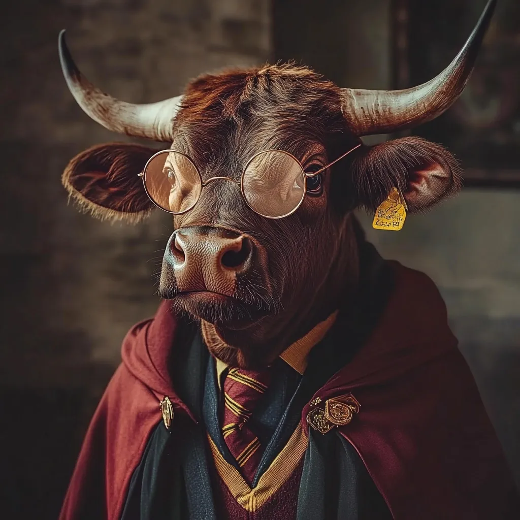 A brown bull, sporting round glasses and a maroon Hogwarts-style robe, stares intently at the viewer.  Its serious expression, combined with the academic attire, creates a humorous and whimsical image.  A gold ear tag is visible, adding a touch of realism to the fantastical scene. The dark background enhances the bull's imposing presence.
