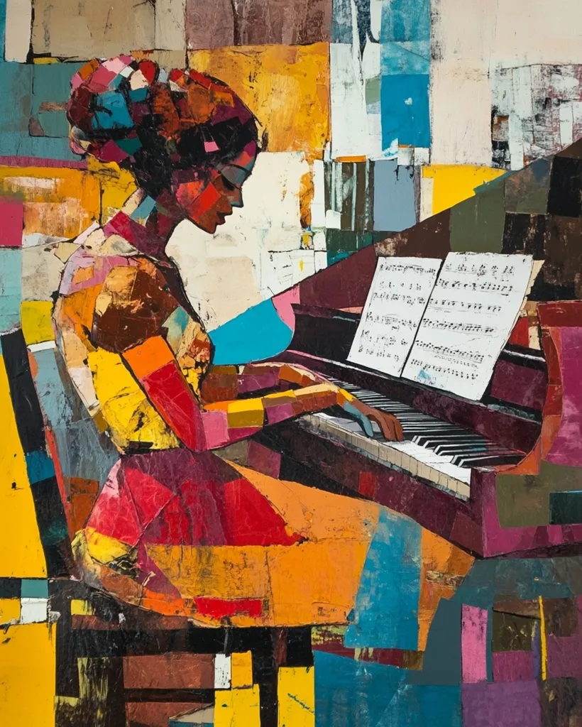 A vibrant, abstract painting depicts a woman playing a piano.  The style is heavily textured, employing bold blocks of color and fragmented shapes in reds, oranges, yellows, and blues. The woman's form is suggested rather than realistically rendered, fitting the overall cubist-inspired aesthetic.  Sheet music rests on the piano's surface, adding to the musical theme. The background is a chaotic arrangement of geometric patterns, contributing to the painting's energy.
