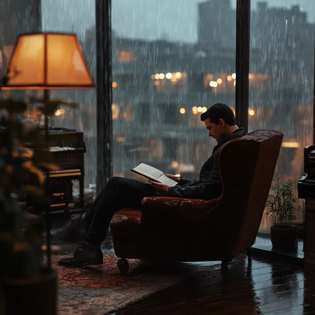 A man sits in a comfortable armchair, engrossed in a book.  Rain lashes against the large window behind him, blurring the city lights into soft bokeh.  A warm lamp casts a gentle glow on the scene, creating a cozy atmosphere despite the stormy weather. The room is dimly lit, adding to the feeling of quiet contemplation.  A piano sits partially visible in the background.