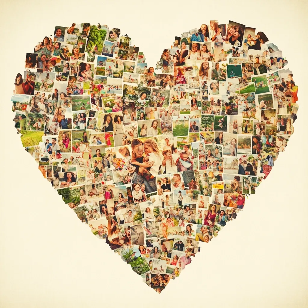 A heart-shaped collage of numerous small photographs depicts a large extended family.  The images showcase various family members at different ages and in a variety of settings, capturing joyful moments and creating a warm, sentimental piece. The collage's ragged edges add a handcrafted, nostalgic feel.  The overall effect is one of love, family connection, and cherished memories.