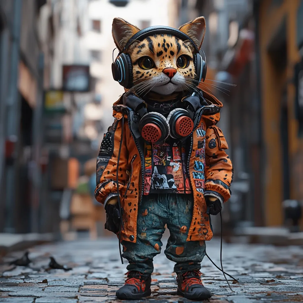 A stylized digital rendering depicts a cat wearing oversized headphones and a vibrant orange jacket adorned with patches.  The cat, with a cheetah-like coat, stands on a cobblestone street, its attire suggesting a blend of streetwear and cyberpunk aesthetics.  The background is a blurred city alley, adding depth to the image. The overall style is playful yet sophisticated, combining animalistic features with urban fashion.