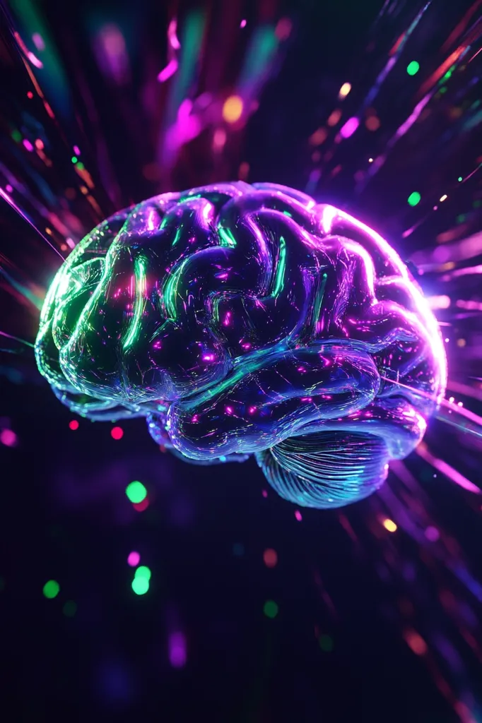 A vibrant, three-dimensional model of a human brain is depicted, glowing with iridescent purple and teal hues.  Surrounding the brain are streaks of light, resembling energy or neural pathways, adding to the dynamic and abstract visual. The dark background contrasts sharply with the bright, almost ethereal, quality of the brain, creating a visually striking image.