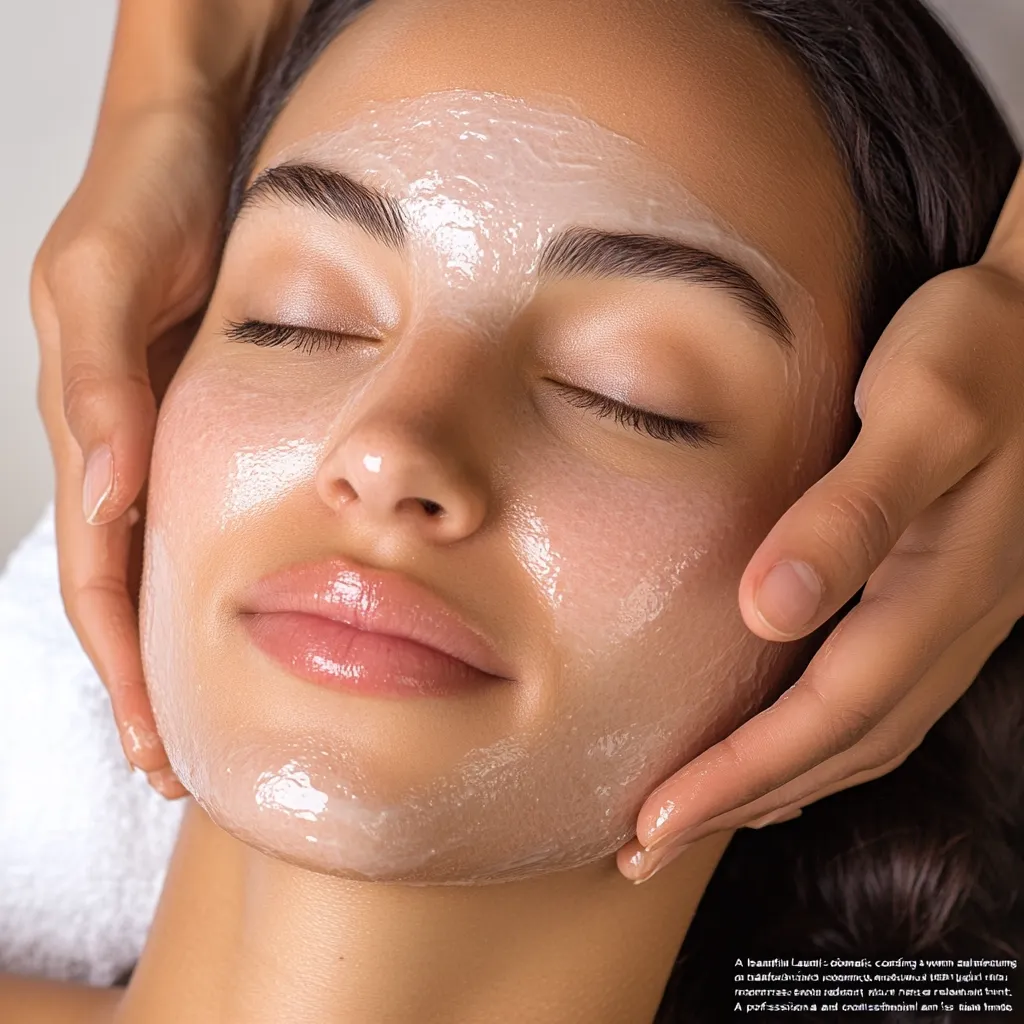 Close-up view of a woman receiving a facial treatment.  A translucent, creamy mask covers her face as gentle hands massage it in. Her eyes are closed, suggesting relaxation and comfort during the professional skincare procedure.  The image emphasizes the luxurious and soothing nature of the treatment.