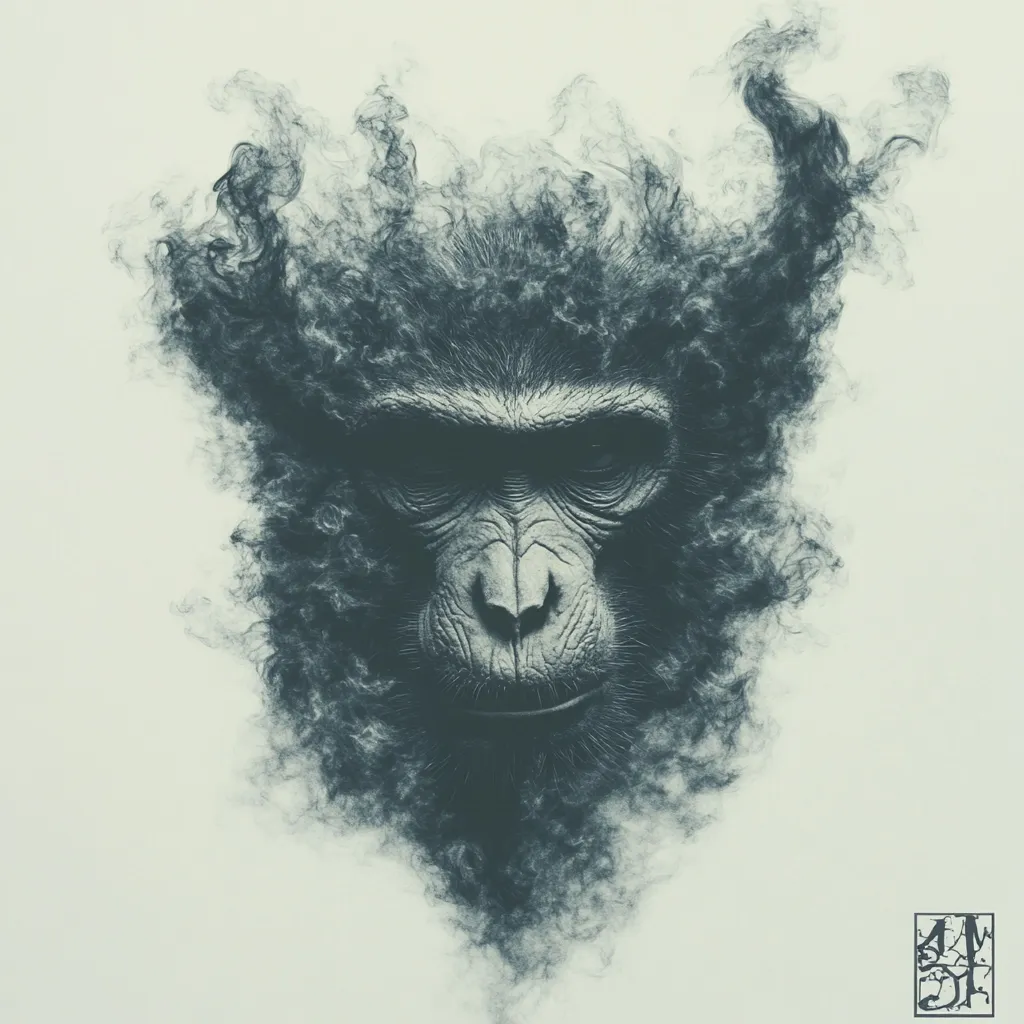 A monochromatic illustration depicts a chimpanzee's face, seemingly dissolving into smoke or clouds.  The ape's expression is serious and intense, its features partially obscured by the ethereal haze. The overall effect is one of mystery and perhaps impermanence, blending the animal's physical form with a wispy, abstract background.  The style is artistic and evocative.