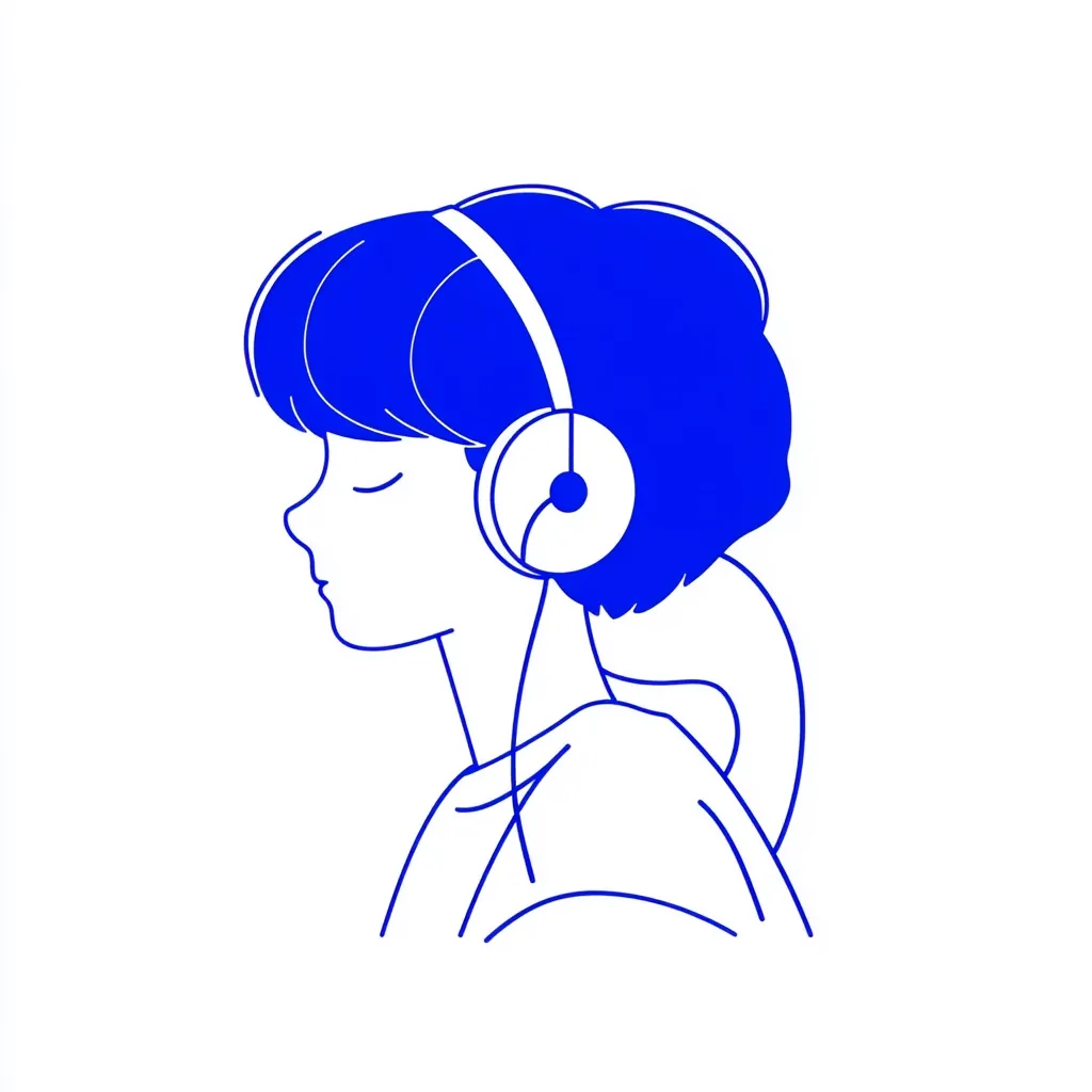 A minimalist line drawing depicts a person, likely female, with short, blue hair wearing over-ear headphones.  The profile view shows her eyes closed, suggesting a peaceful or contemplative state while listening to music. The style is simple and clean, using only blue lines on a white background.