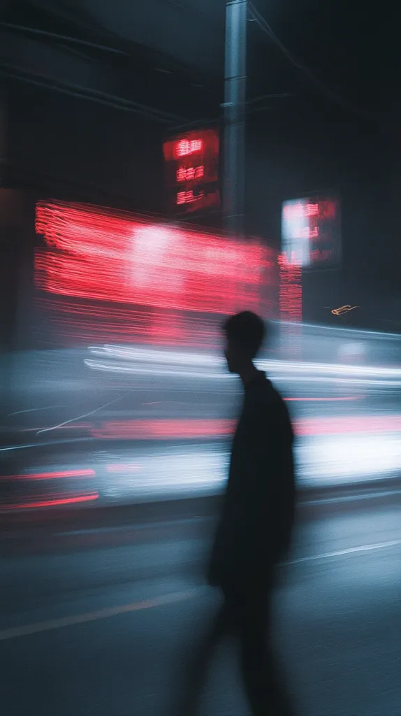 A blurred figure walks through a nighttime city street.  Neon signs in red and white streak across the image, creating a sense of motion and speed.  The person is silhouetted against the vibrant, blurry background, suggesting a feeling of anonymity and urban isolation. The overall mood is dark, moody, and atmospheric.