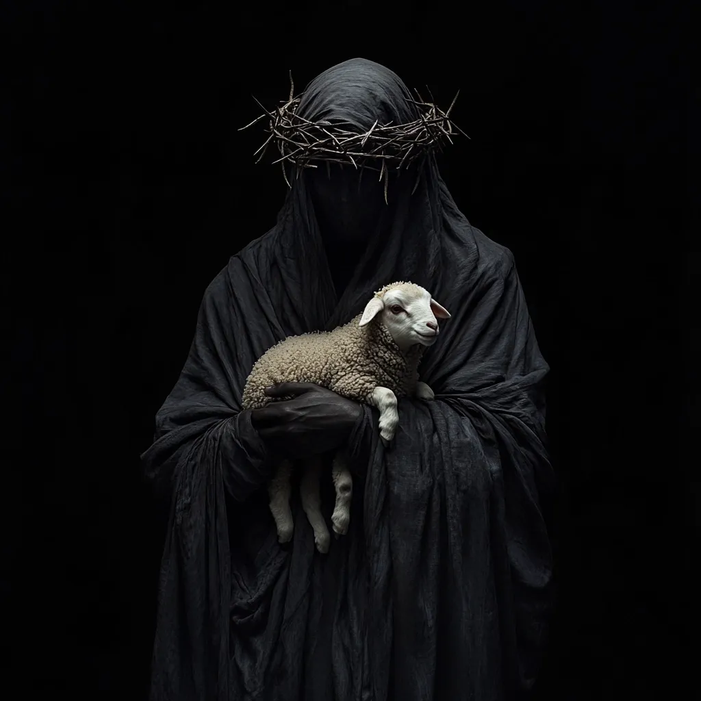 A dark figure, cloaked and wearing a crown of thorns, gently cradles a small, white lamb.  The image is stark and dramatic, set against a black background, creating a powerful visual contrast. The figure's face is obscured, adding to the mystery and symbolic weight of the scene. The composition suggests themes of sacrifice, protection, and spiritual contemplation.