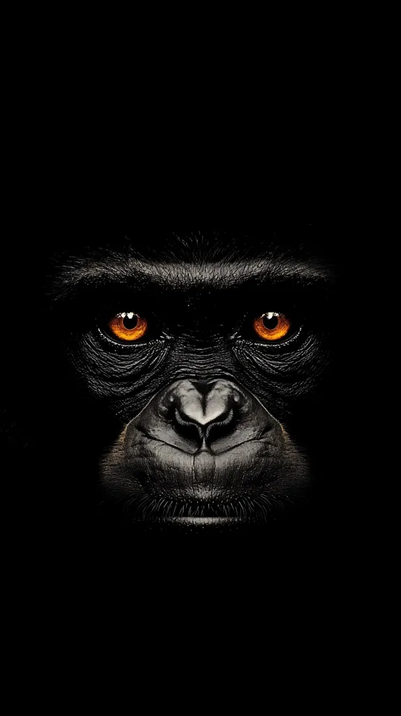 A close-up shot of a gorilla's face, dramatically lit against a black background.  Only the gorilla's head and shoulders are visible, its intense orange eyes glowing in the darkness. The image emphasizes the gorilla's powerful features and creates a feeling of mystery and intensity.  The fur is dark and textured, highlighting the animal's strength and presence.