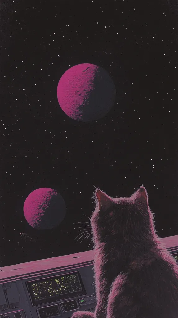 A dark-furred cat sits inside a spaceship, gazing out at a starry expanse. Two large, pinkish planets dominate the inky blackness speckled with distant stars. The spaceship's control panel is visible in the foreground, adding to the futuristic, otherworldly ambiance. The overall tone is dark, mysterious, and slightly melancholic.