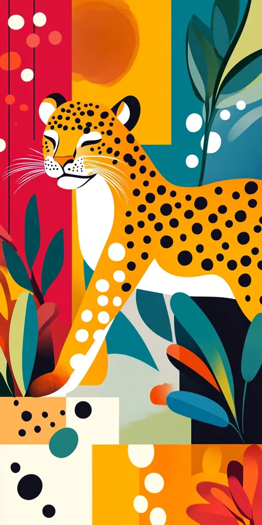 A stylized illustration of a cheetah amidst vibrant, abstract foliage.  The cheetah is depicted in warm oranges and blacks, its spots rendered as bold circles. The background features geometric shapes in bold colors—red, yellow, teal—and stylized leaves, creating a playful, modern aesthetic. The overall style is bold and graphic, emphasizing pattern and color.