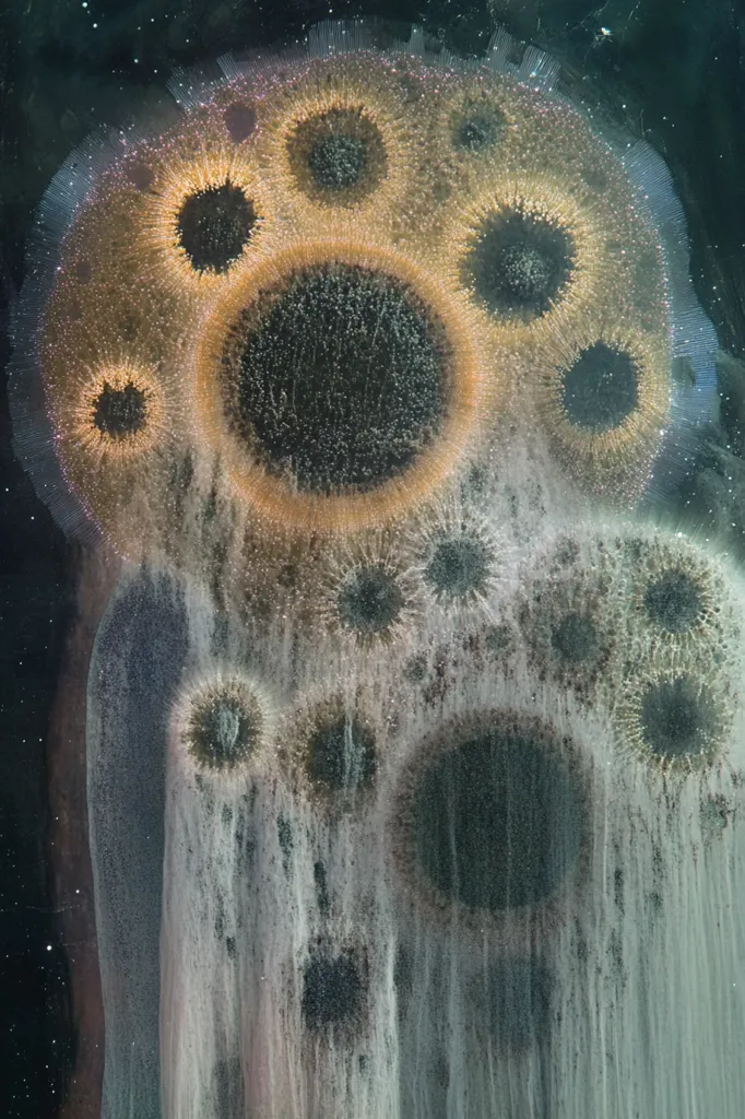 A close-up shot reveals a mesmerizing abstract image, possibly a microscopic view or artistic rendering.  Dark, circular forms are surrounded by radiant, golden halos, creating a celestial or organic feel.  These structures cascade downwards, leaving a trail of lighter, almost ethereal, streaks. The overall effect is one of intricate detail and otherworldly beauty.