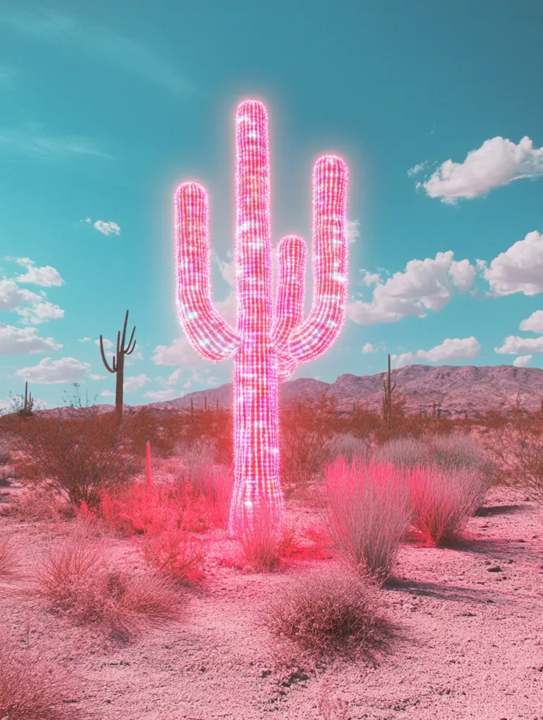 A vibrant pink, digitally altered saguaro cactus stands in a desert landscape under a bright, pastel sky.  The cactus glows with an otherworldly light, contrasting with the muted pink hues of the desert flora and mountains.  The overall effect is surreal and dreamlike, creating a striking visual juxtaposition of nature and digital art.