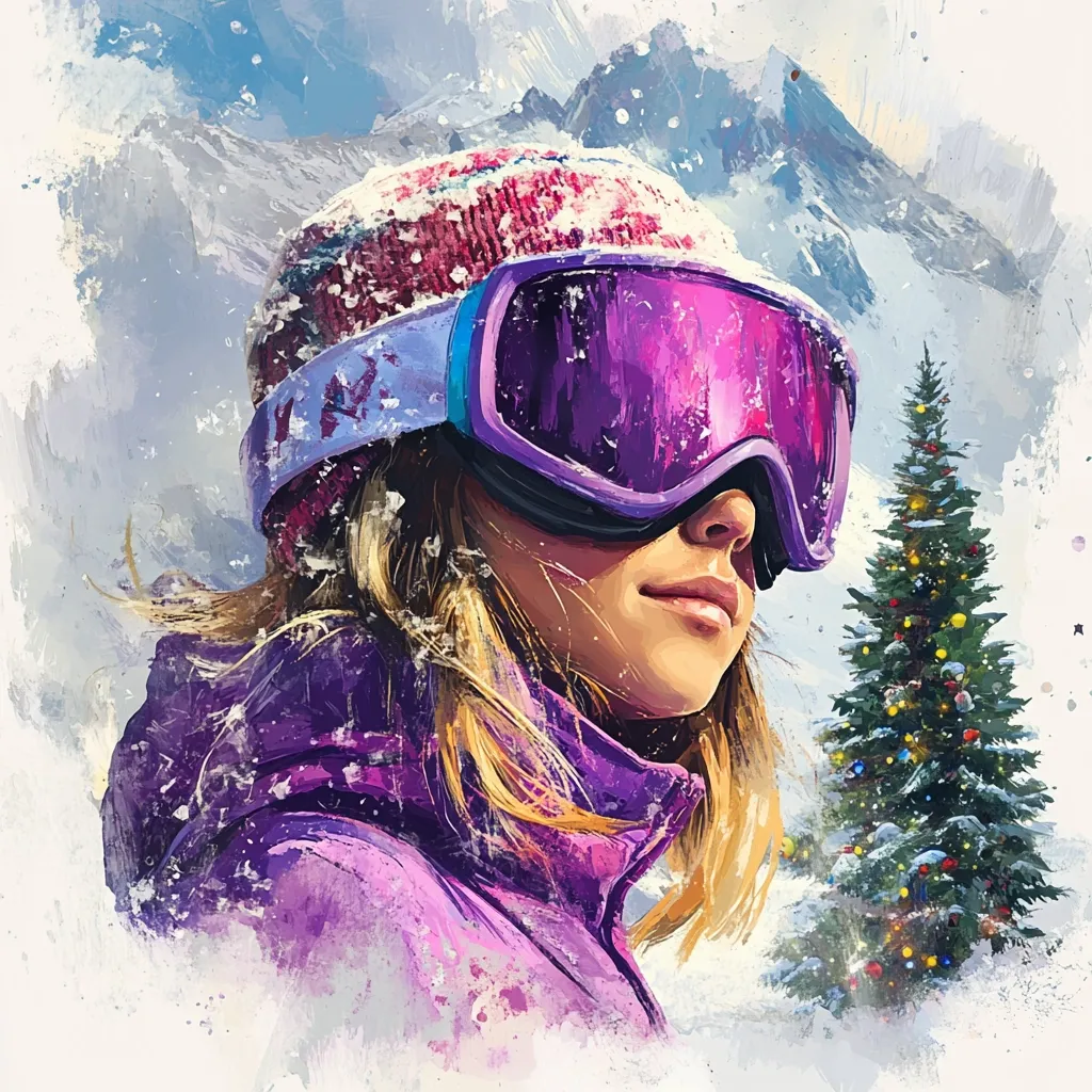 A stylized portrait of a young woman, possibly a skier or snowboarder, wearing a purple jacket and snow goggles.  Her pink and red knitted hat is dusted with snow.  She gazes towards a snow-covered Christmas tree, set against a backdrop of majestic, snow-capped mountains. The painting style is loose and impressionistic, with visible brushstrokes creating a textured effect.