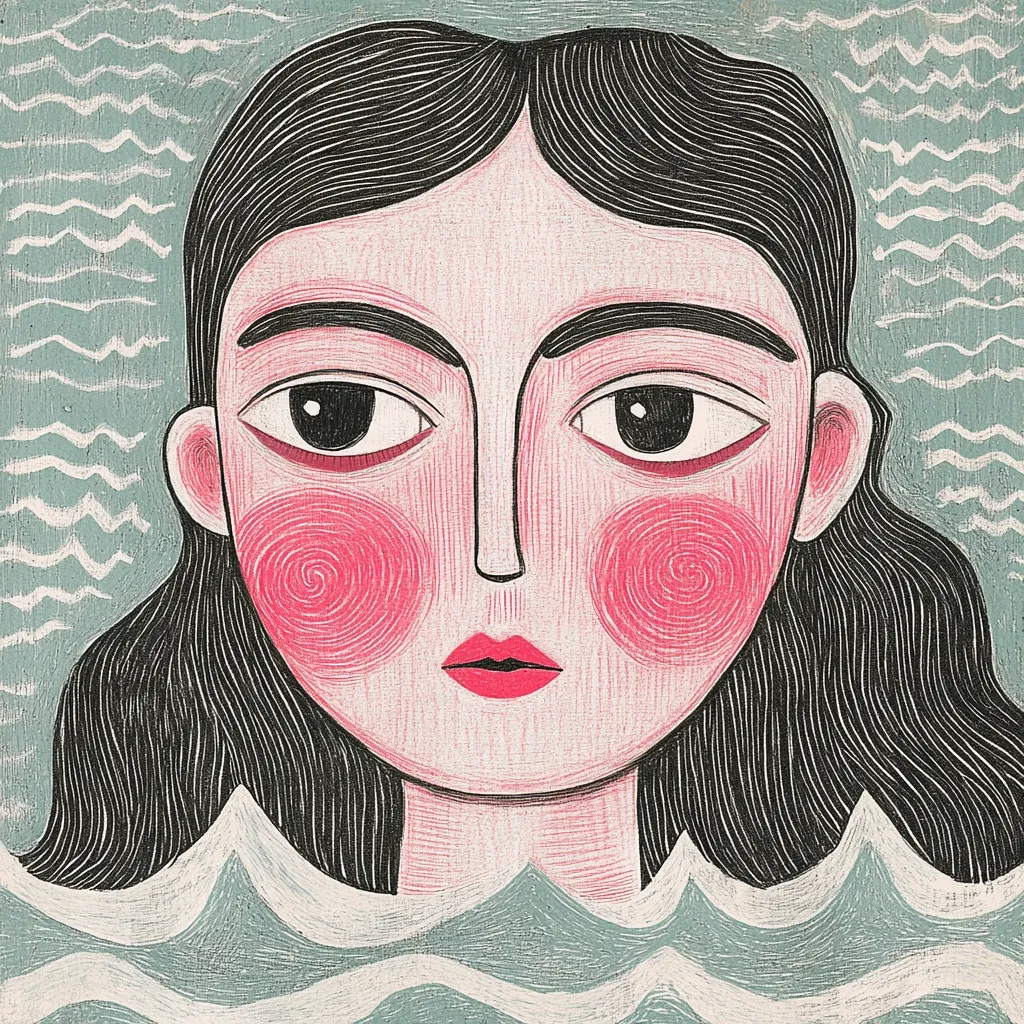 A stylized portrait of a woman with long dark hair, emerging from stylized turquoise waves.  Her face is rendered with bold lines and pink, swirling cheeks.  The overall style is reminiscent of folk art or woodblock prints, with a slightly melancholic expression.  The background features a repeating wave pattern, enhancing the aquatic theme.