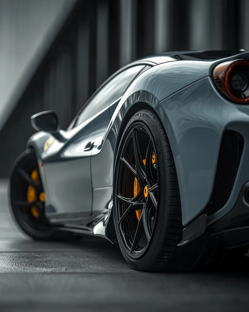 A rear three-quarter view of a light gray Ferrari 488 Pista.  The car is parked on a dark gray asphalt surface, with a blurred background of modern architecture.  The focus is sharply on the rear wheel and tire, showcasing the black rims with yellow brake calipers.  The sleek lines and aerodynamic body of the supercar are emphasized by the low angle shot.