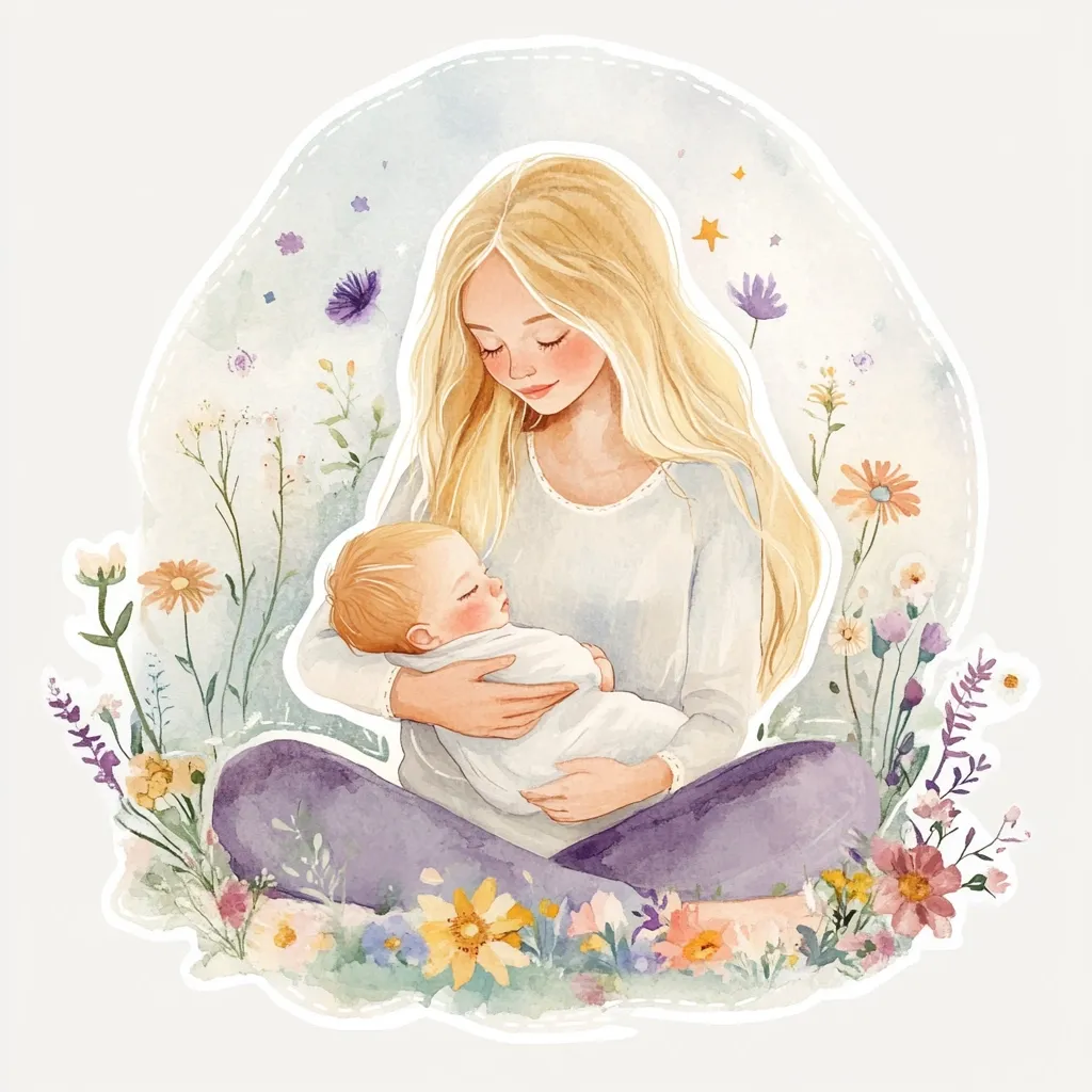 A watercolor illustration depicts a serene blonde mother gently cradling her sleeping baby.  She sits cross-legged amidst a vibrant array of wildflowers, creating a peaceful and loving scene.  The soft colors and delicate details evoke a feeling of tenderness and maternal warmth. The image is framed by a softly stitched oval, enhancing its gentle charm.