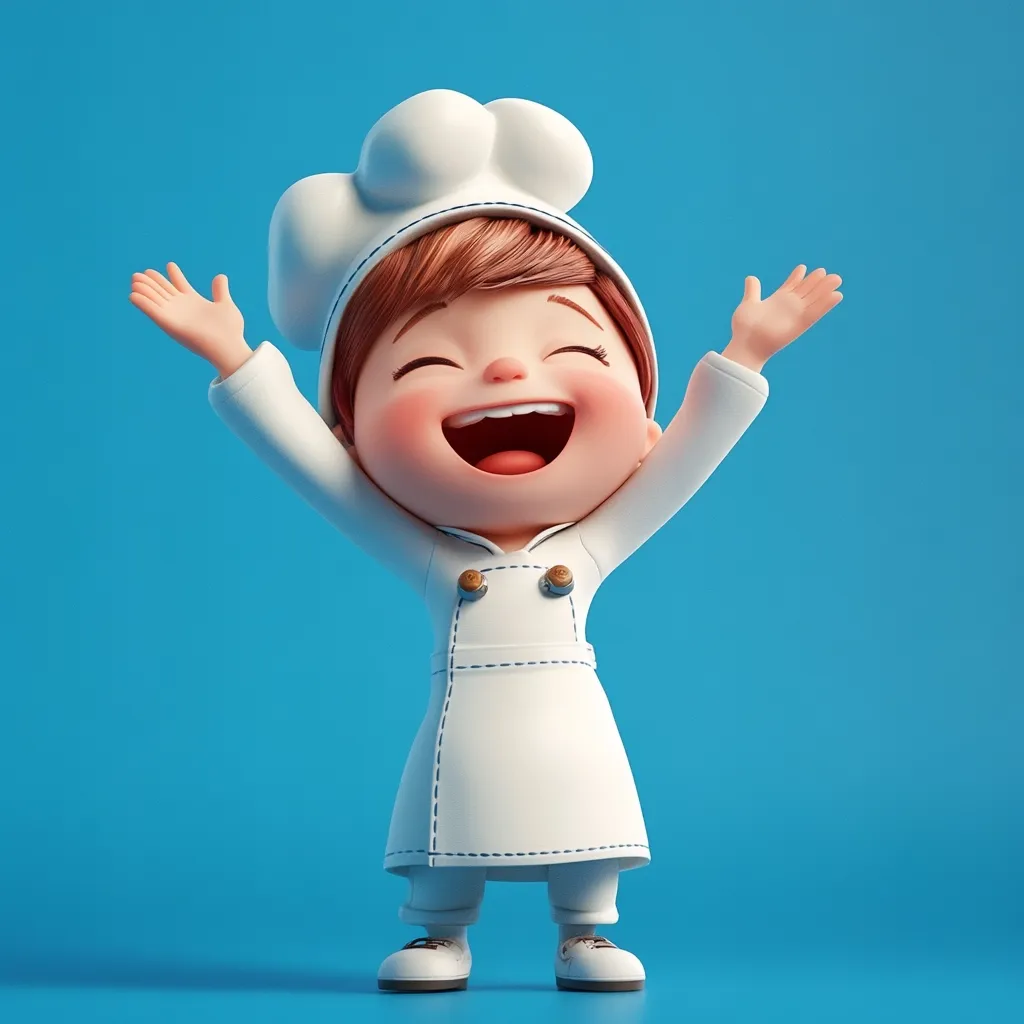 A jubilant 3D-rendered cartoon chef, a young girl with brown hair, beams with delight.  She wears a pristine white chef's uniform and hat, arms raised in joyful expression against a vibrant blue backdrop.  Her wide-open mouth and bright eyes convey pure happiness, suggesting successful baking or culinary creation. The image is cheerful and playful.