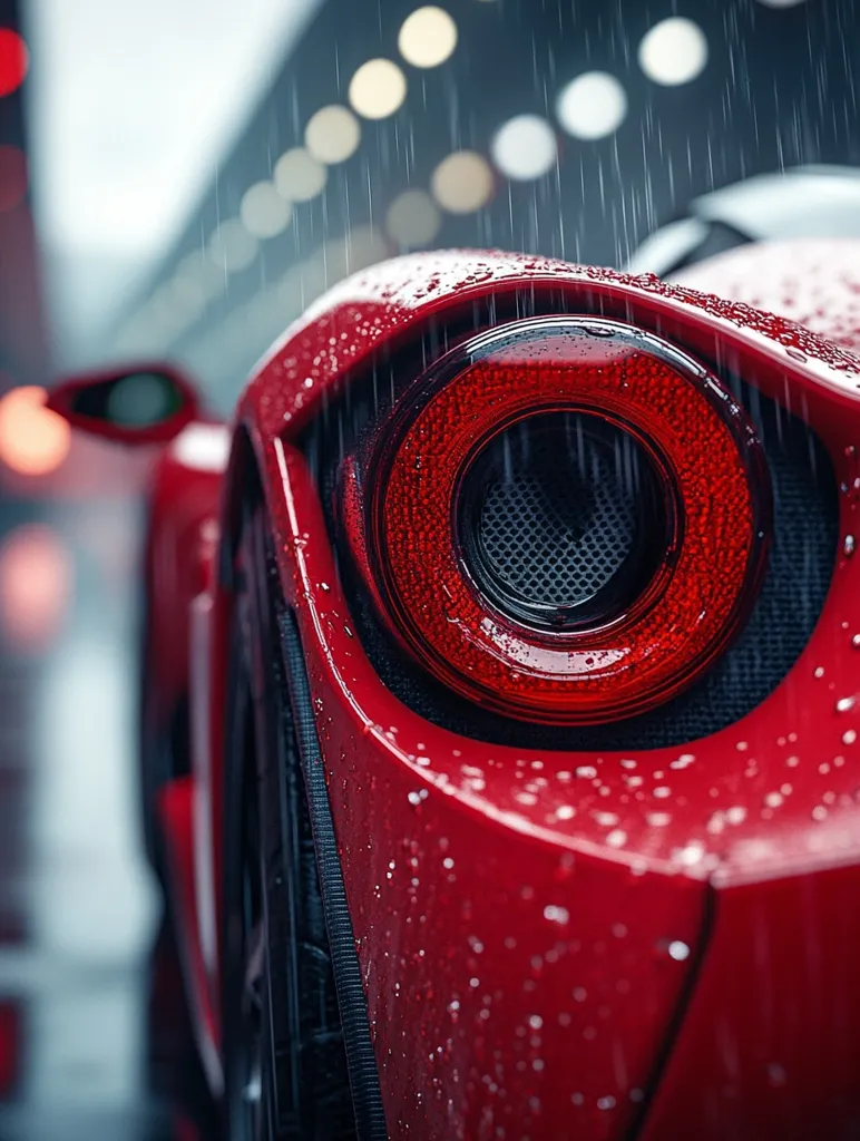 A close-up shot reveals the rear taillight of a red sports car, glistening with raindrops.  The vibrant red paint contrasts with the dark, wet asphalt in the blurred background.  Rain streaks down the car's body, creating a sense of motion and atmosphere.  The focus is sharp on the taillight, highlighting its intricate design and reflecting the ambient light.