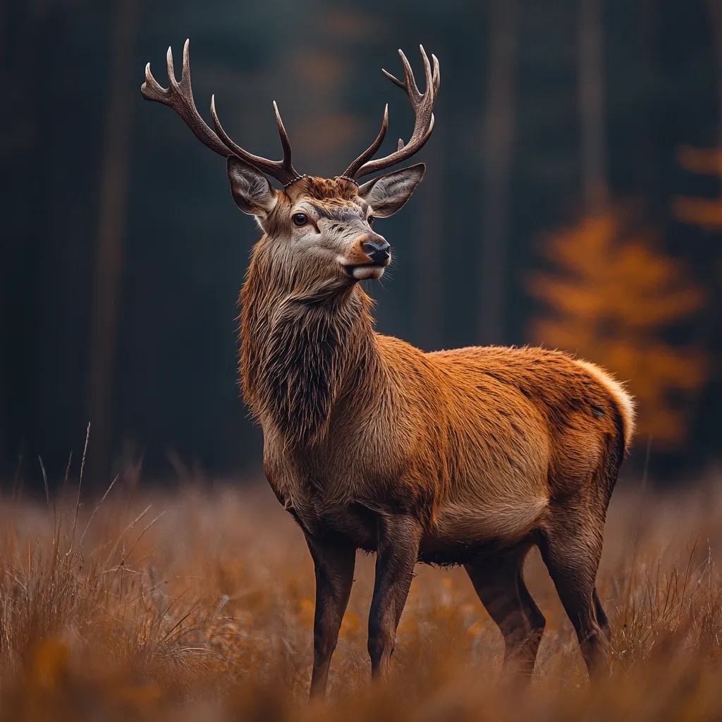 A majestic red deer stag stands in a field of tall, dry grass.  Its large antlers are prominent against a blurred background of dark forest and autumnal hues.  The deer's rich, reddish-brown coat is slightly damp, and it gazes thoughtfully towards the right of the frame. The overall mood is serene and evokes the beauty of the wild.