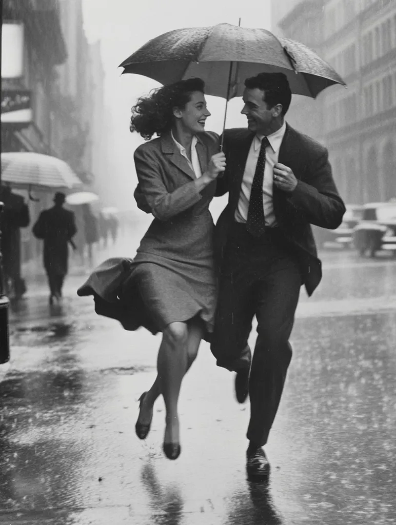 A black and white photograph captures a romantic moment. A stylishly dressed couple, sharing an umbrella, joyfully skip through a rain-soaked city street.  The woman's dress billows slightly as they playfully run, their laughter implied in their close embrace and smiling faces. The background subtly shows other pedestrians navigating the downpour, enhancing the intimacy of the central figures. The image exudes a classic, timeless feel.