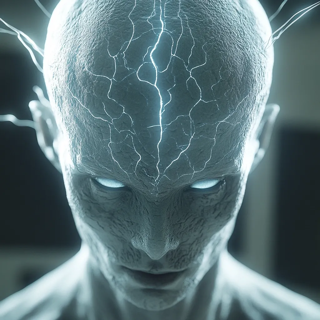 A close-up depicts a pale, humanoid figure with a cracked, textured skull.  A bright, ethereal crack runs down the center of its head, emanating a faint glow.  Its eyes are wide and unsettling, and its expression is serious, almost menacing.  The overall effect is eerie and otherworldly, suggesting a creature of science fiction or horror.