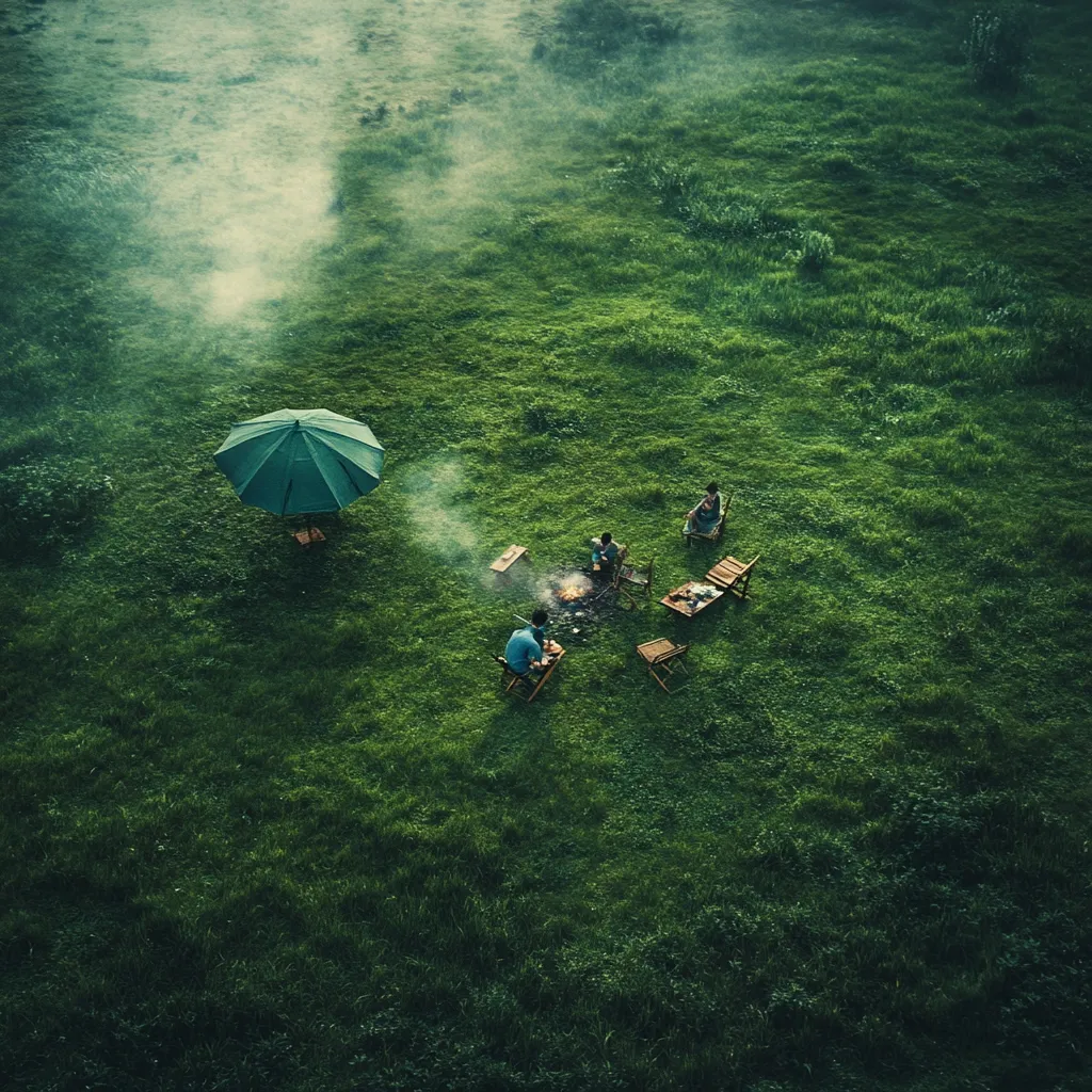 An aerial shot captures a serene camping scene. Four individuals are gathered around a campfire in a lush green field, surrounded by small wooden chairs and a table. A dark green umbrella stands nearby, providing shade. Smoke gently rises from the fire, adding to the tranquil ambiance of the outdoor setting. The overall image conveys a sense of peace and relaxation in nature.
