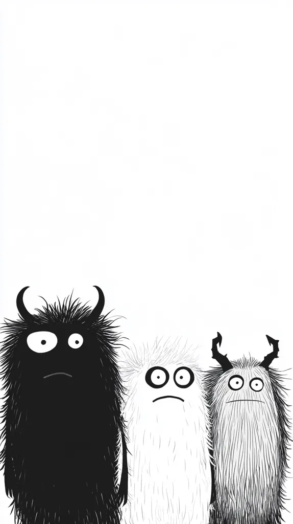 Three furry monsters stand against a white background.  The monster on the left is black, the middle one is white, and the one on the right is gray.  All three have large, expressive eyes and slightly grumpy expressions.  They appear to be cartoonish and friendly, despite their slightly menacing horns or antennae.  The image is simple and minimalist, with a focus on the characters.