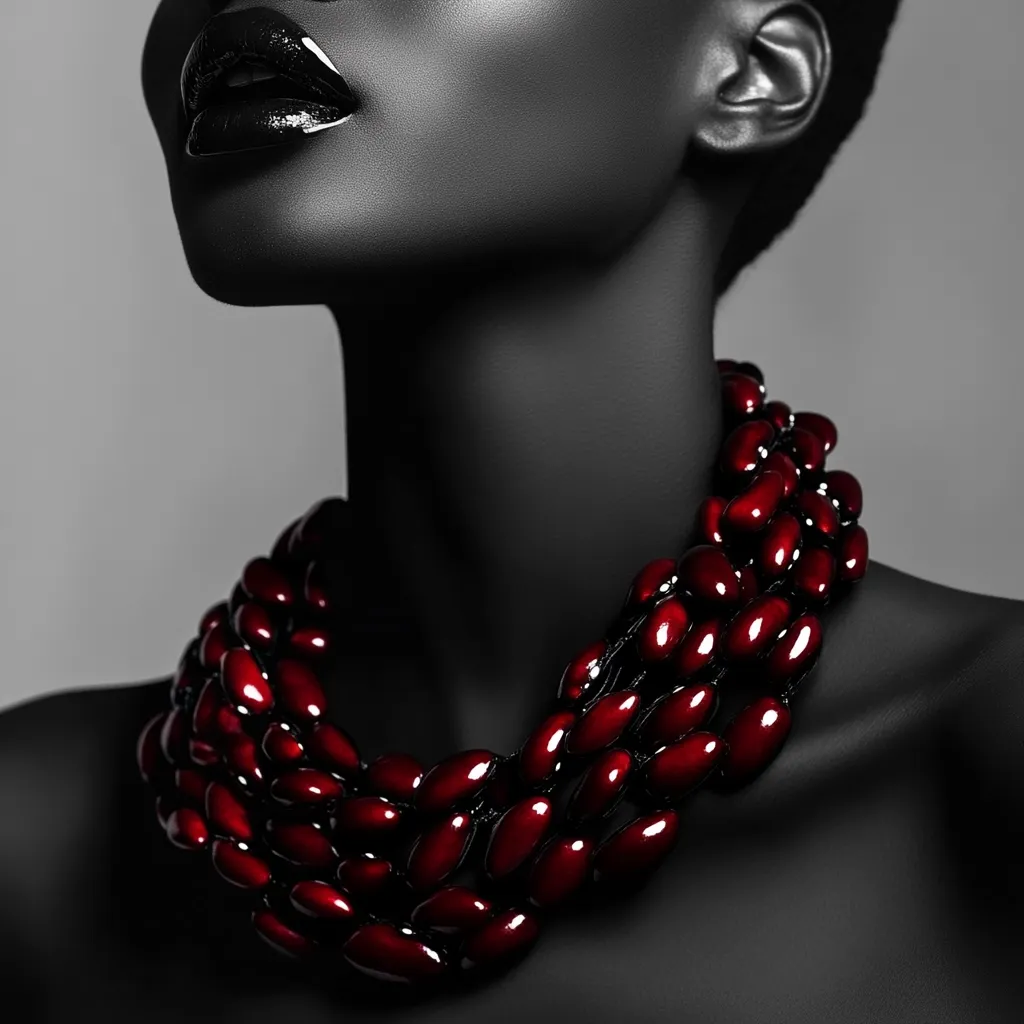 Close-up of a dark-skinned woman's neck and face, her lips painted a bold black. She wears a striking necklace composed of multiple strands of dark red, glossy beads. The monochrome image emphasizes the contrast between her skin and the vibrant necklace, creating a visually powerful portrait.  The focus is on the jewelry and the model's elegant features.