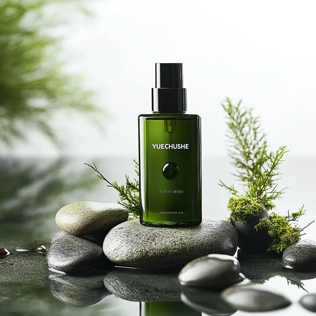 A dark green bottle of Yuechushe skincare product rests on smooth gray stones.  Small green plants and moss add to the serene, spa-like setting. The bottle features a minimalist design with the brand name prominently displayed. The reflective surface beneath the stones suggests water, enhancing the tranquil atmosphere. The overall image evokes a sense of calm and natural beauty.