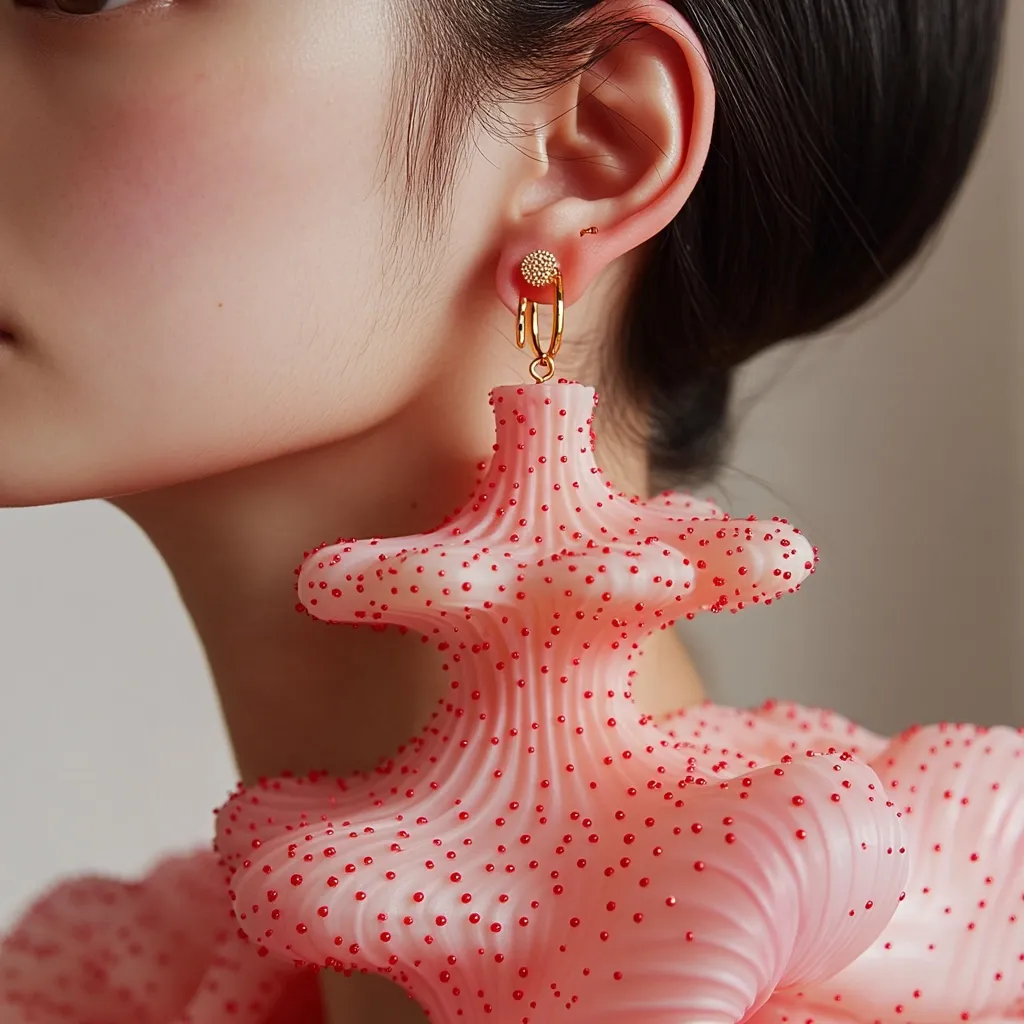 Close-up of a woman's ear adorned with a striking pair of earrings. The earrings are large, coral-pink, and intricately sculpted, resembling a stylized coral or sea anemone.  Small red dots are scattered across their surface, adding textural detail.  The earrings are complemented by smaller, gold stud earrings worn higher on the earlobe. The overall aesthetic is modern and artistic.