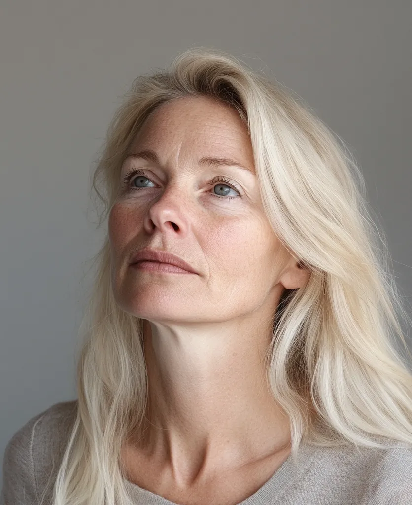 A middle-aged woman with long, blonde hair looks upward. Her expression is pensive, and her gaze is directed towards an unseen point above.  She wears a simple, light beige sweater. The image is a close-up portrait, showcasing her facial features and the texture of her hair.  The background is a neutral gray.