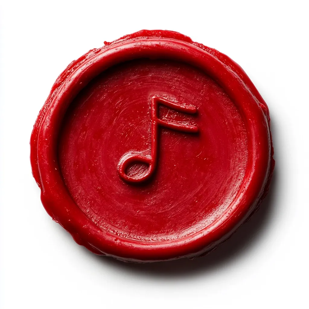 A close-up shot reveals a vibrant red wax seal, circular in shape, bearing a subtly embossed musical note at its center.  The seal's surface displays a smooth, slightly glossy texture, indicative of freshly applied wax.  The image is set against a stark white background, allowing the seal's rich color and details to stand out prominently.