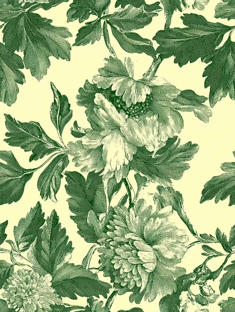 A seamless pattern features a lush arrangement of stylized green flowers and leaves on a pale yellow background. The botanical illustration is reminiscent of vintage wallpaper or fabric prints, with detailed etching-like textures on the blossoms and foliage.  The design evokes a classic, elegant aesthetic, possibly inspired by 18th or 19th-century floral motifs.  The color palette is restrained, creating a sophisticated and timeless feel.