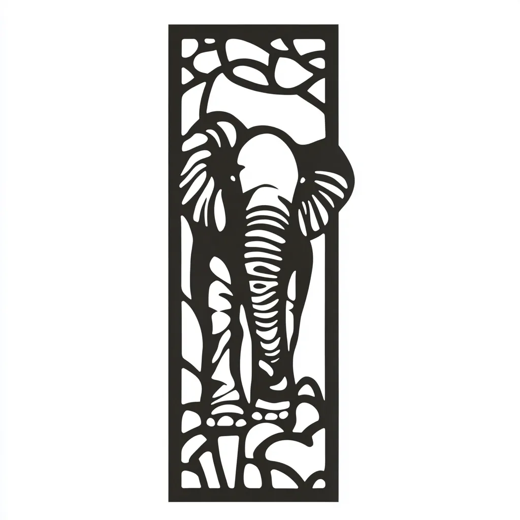 A stylized black and white illustration of an elephant. The elephant is depicted from the front, standing on rocky ground.  It's framed within a rectangular border featuring a decorative, almost Art Deco style, pattern suggestive of branches or foliage. The image is suitable for laser cutting or stenciling, with solid black shapes on a white background.
