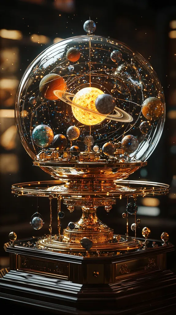 A meticulously crafted orrery, a miniature model of the solar system, is showcased.  Housed within a glass sphere atop an ornate gold base, the orrery depicts a sun and planets,  all intricately detailed.  The golden base is elaborate, with a dark wood platform, creating a striking contrast.  Small lights illuminate the planets, adding to the celestial display's magical ambiance.