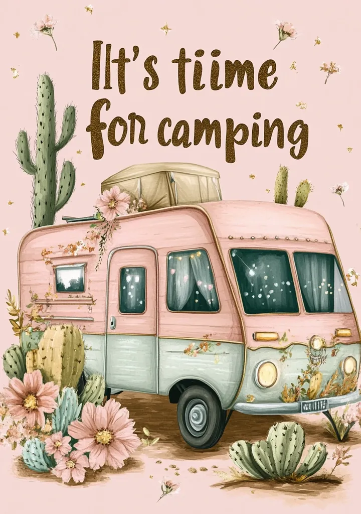 A pink vintage camper van, adorned with floral details and cacti, sits against a soft pink background. The text "It's time for camping" is prominently displayed above the van, styled in a gold glitter font. The illustration evokes a feeling of whimsical adventure and desert charm, perfect for travel enthusiasts or as a decorative piece.  Cacti and desert flowers surround the camper van, adding to the overall aesthetic.