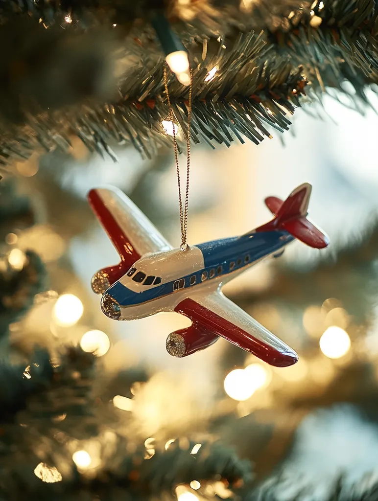 A charming airplane ornament hangs from a Christmas tree.  The ornament is predominantly white with red and blue accents, detailed with glitter. It's suspended by a gold cord, amidst softly blurred lights decorating the tree's branches. The festive scene evokes a sense of holiday cheer and travel.