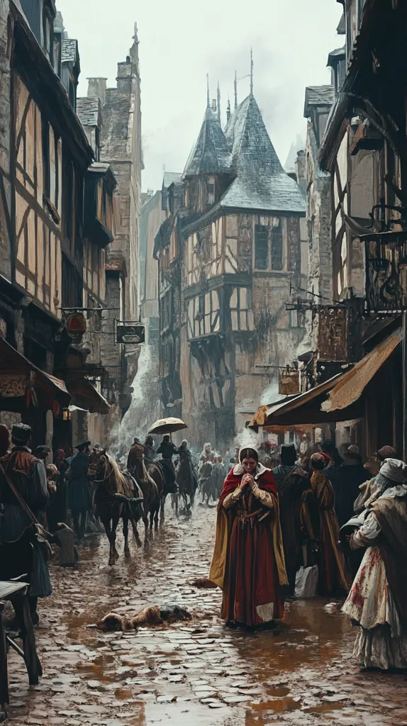 A rain-soaked medieval street scene unfolds, showcasing a narrow cobblestone lane lined with timber-framed buildings.  People in period clothing navigate the muddy path; a woman in red kneels in prayer.  Horses and carts are visible, adding to the bustling yet somber atmosphere.  A fallen animal lies in the street, emphasizing the grim reality of the setting. The overall mood is one of historical drama and quiet contemplation.