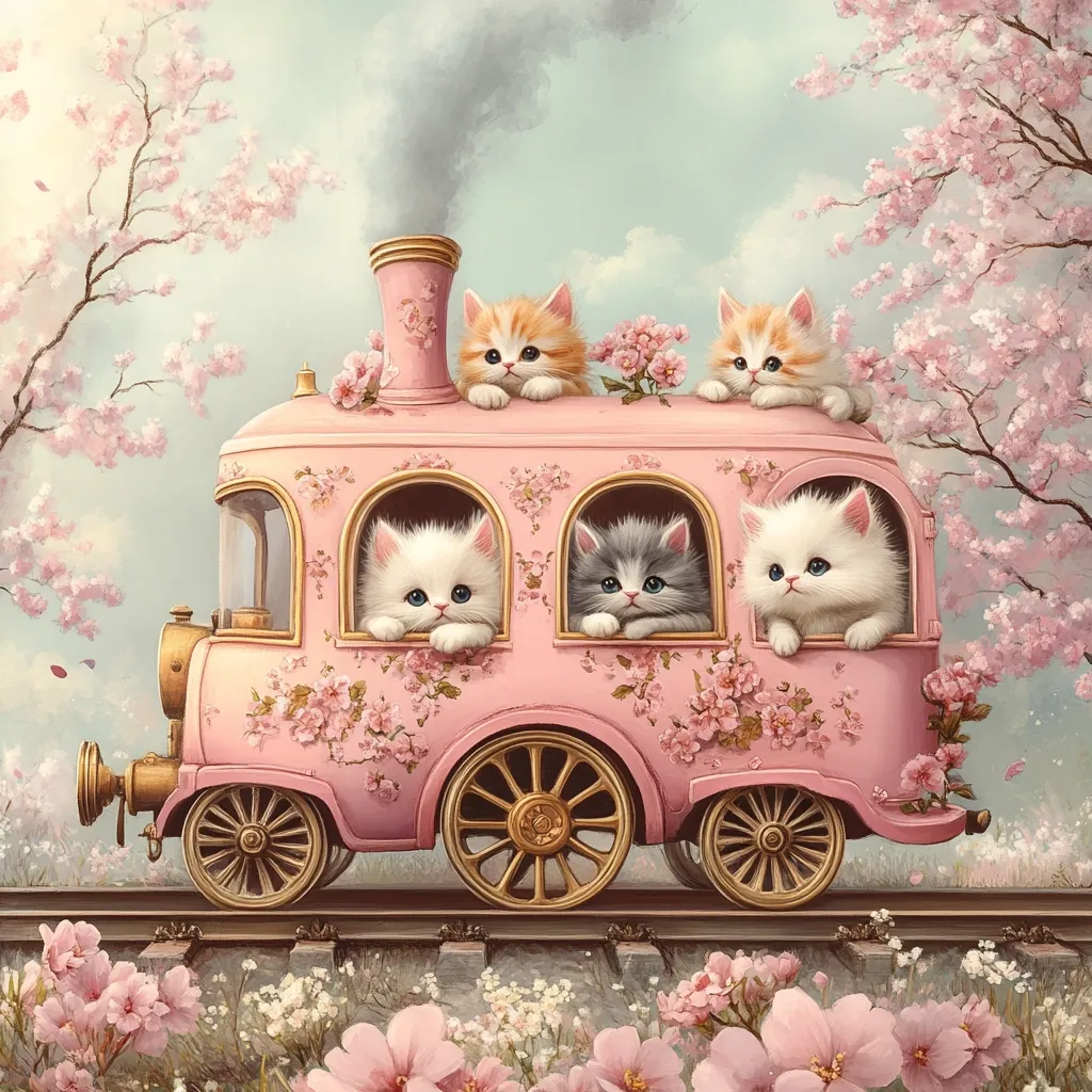 A charming illustration depicts four adorable kittens riding a whimsical pink train adorned with delicate floral patterns.  Two orange tabbies sit atop the train's roof, while a white and a grey kitten peek from the windows below. The train chugs along a track surrounded by blossoming cherry trees, creating a picturesque springtime scene. The overall aesthetic is sweet and idyllic.
