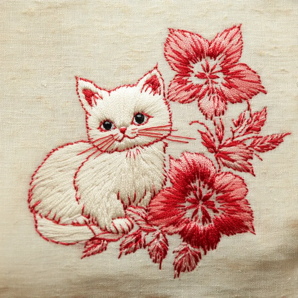 A delicate embroidery depicts a charming white kitten nestled amongst vibrant red flowers.  The kitten is rendered in soft, fluffy white thread, while the flowers are a bold, detailed crimson.  The piece is stitched onto a creamy linen fabric, creating a vintage and elegant aesthetic. The skillful embroidery showcases fine detail in both the cat's features and the floral arrangement.