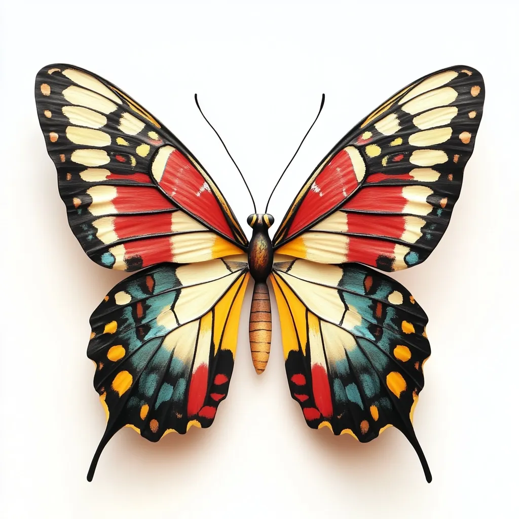 A vibrant butterfly with predominantly red, yellow, and teal wings is displayed against a stark white background.  The intricate wing patterns show a blend of bold colors and delicate markings.  The butterfly’s body is a rich orange-brown, contrasting beautifully with the colorful wings.  The image is striking in its simplicity and the butterfly's vivid coloration.