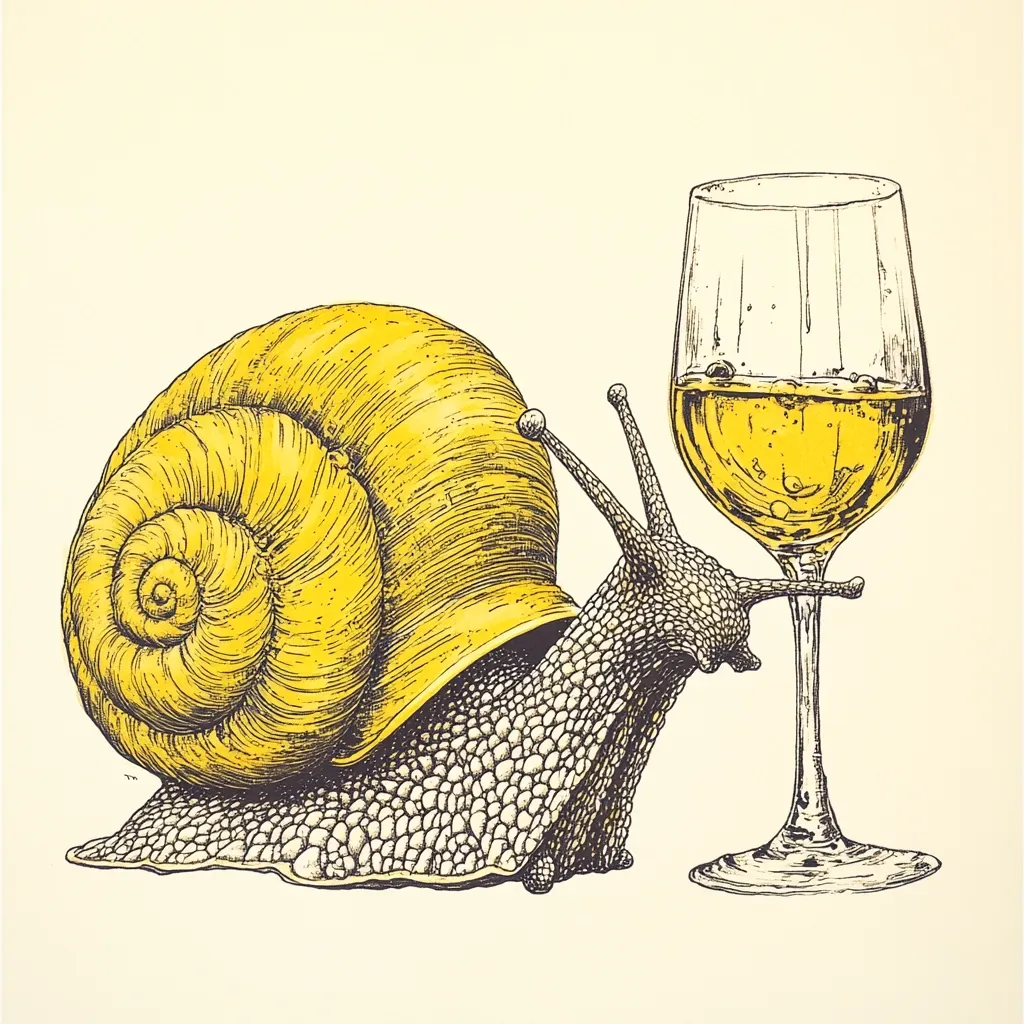 A whimsical illustration depicts a large yellow snail with a textured shell, seemingly enjoying a glass of white wine.  The snail's body is detailed with small, pebble-like textures. The wine glass is elegant and partially filled, suggesting a relaxed, sophisticated scene. The artwork is executed in a pen-and-ink style with hand-drawn quality. The overall color palette is muted, with the yellow of the snail and wine as the main accents.