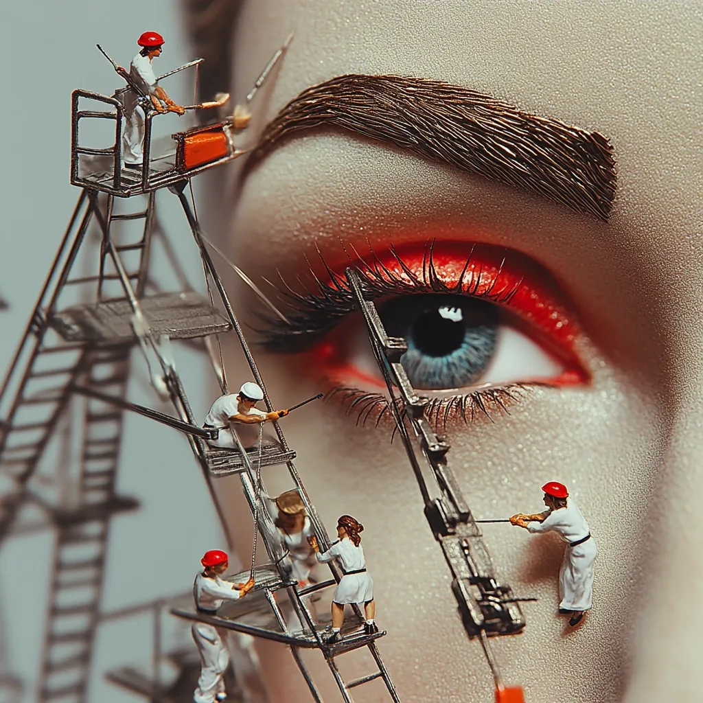 Miniature workers on scaffolding meticulously detail a woman's eye.  Wearing red hard hats and white uniforms, they work on her eyebrow and lashes.  The image creates a surreal juxtaposition of scale, contrasting the immense detail of the eye makeup with the tiny figures meticulously applying it.  The scene is highly stylized with a dramatic use of light and shadow.